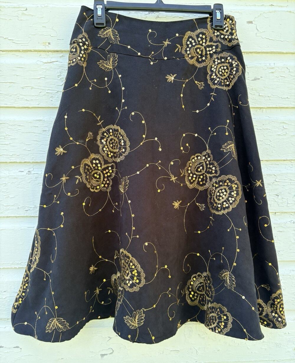 VTG Richard Malcom Skirt Navy Blue Gold Embroidered A-Line Midi Sz 6 Lined